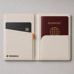 Passport Holder Cream open, inside with the Smart Card Finder