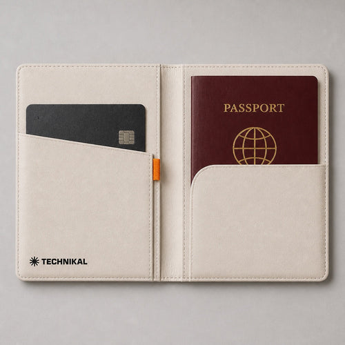 Passport Holder Cream open, inside with the Smart Card Finder