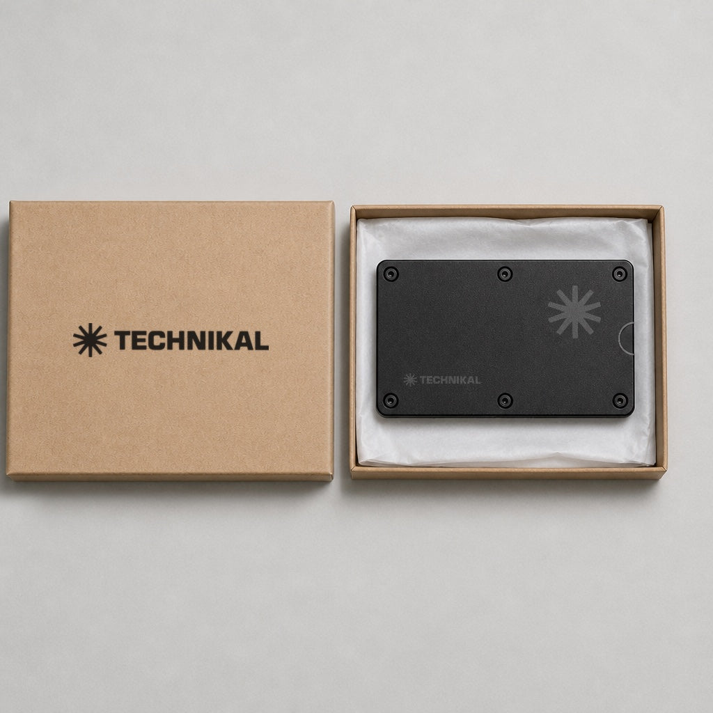 Metal Card Holder inside its Technikal kraft box