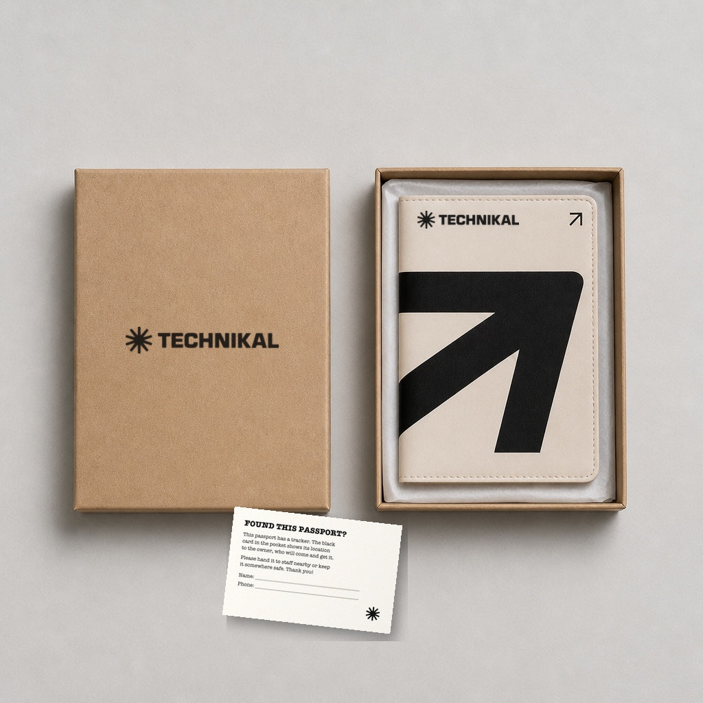Passport Holder in its Technikal kraft box with the finder's note card