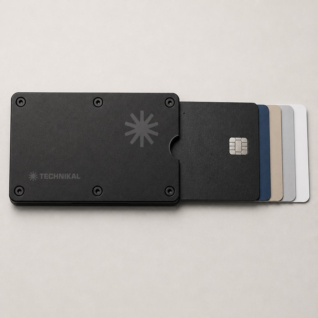 Metal Card Holder Black cards sliding out with the Smart Card Finder