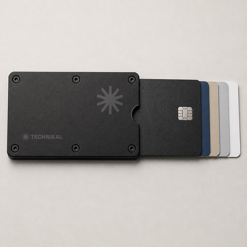 Metal Card Holder Black cards sliding out with the Smart Card Finder