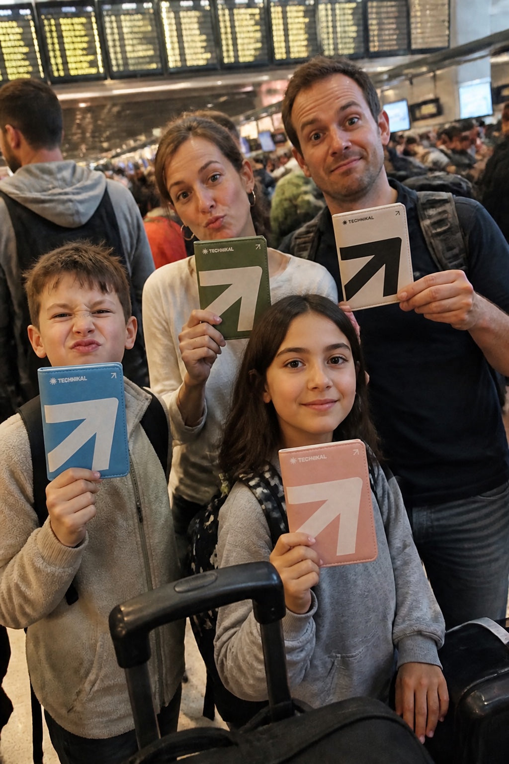 Family at airport check-in, each with their own colour passport holder