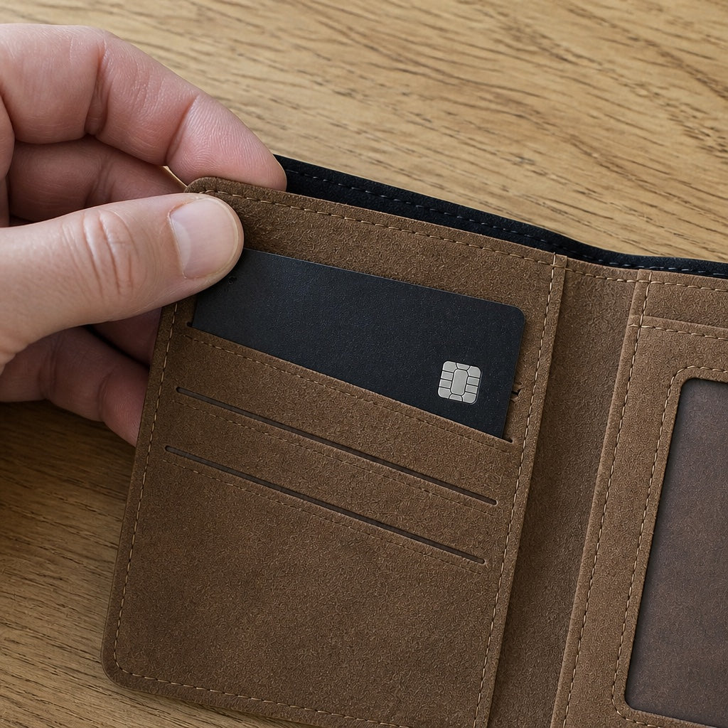 Quick Wallet Tan sliding the Smart Card Finder into a slot
